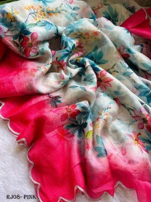 Fancy Kota Doria Pink Flowers Print Saree
