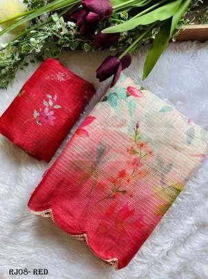 Fancy Kota Doria Red Flowers Print Saree