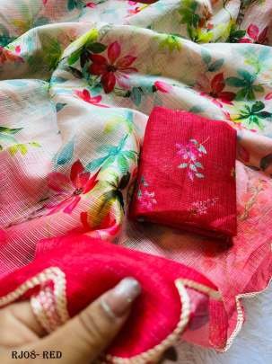 Fancy Kota Doria Red Flowers Print Saree