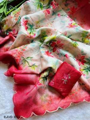 Fancy Kota Doria Red Flowers Print Saree