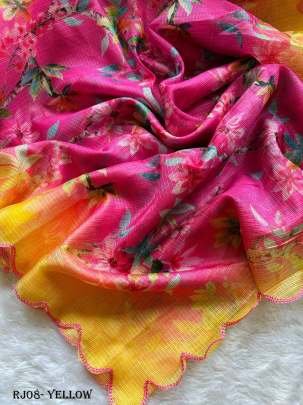 Fancy Kota Doria Yellow Flowers Print Saree