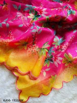 Fancy Kota Doria Yellow Flowers Print Saree