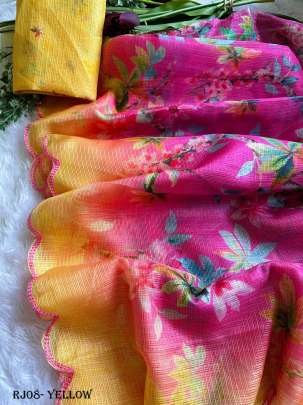 Fancy Kota Doria Yellow Flowers Print Saree