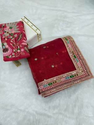 Fancy Maroon Organza Silk Embrodiery Work Saree
