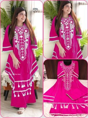 Fancy Pink Rayon Embroidered Kurti Palazzo Set