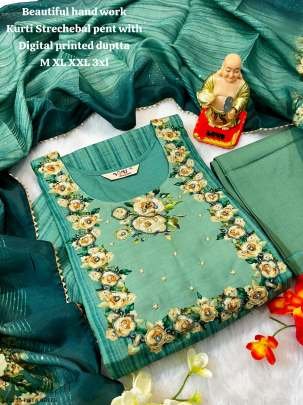 Fancy Pista Green Muslin Silk Hand Work Kurti Pant Dupatta Set