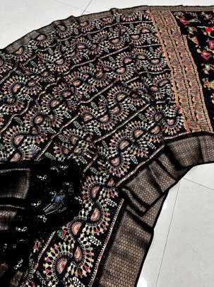 Fancy Printed Black Sequins Dola Silk Saree