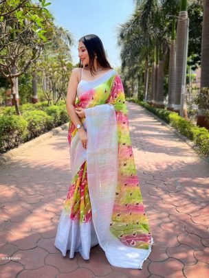 Fancy Printed Organza Weaving Border Saree