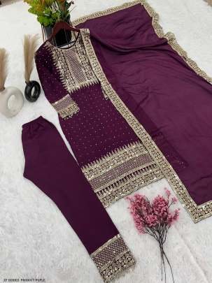 Fancy Pure Heavy Chinon Silk Purple Suit