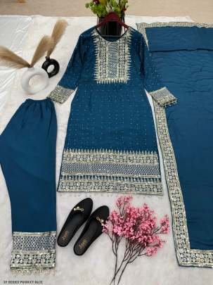 Fancy Pure Heavy Chinnon Silk Blue Suit