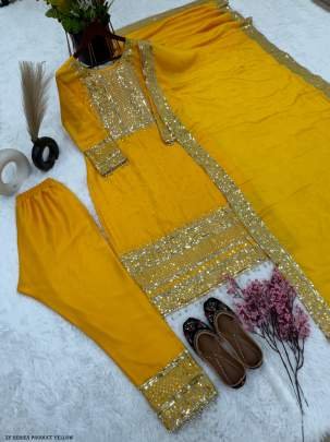 Fancy Pure Heavy Chinnon Silk Yellow Suit