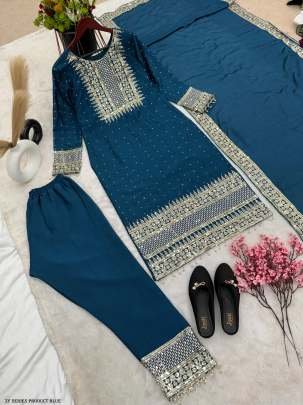 Fancy Pure Heavy Chinnon Silk Blue Suit