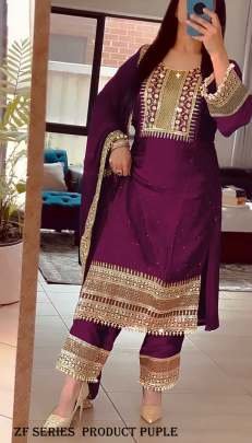 Fancy Pure Heavy Chinon Silk Purple Suit