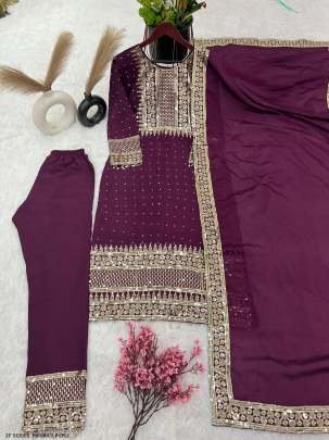 Fancy Pure Heavy Chinon Silk Purple Suit