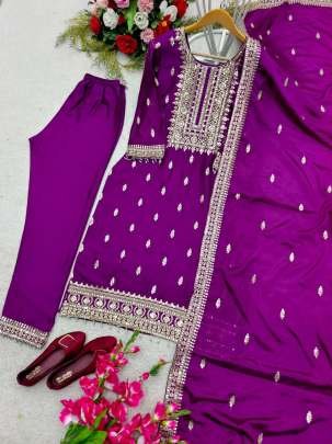 Fancy Pure Silk Dark Pink Kurti Pant Set