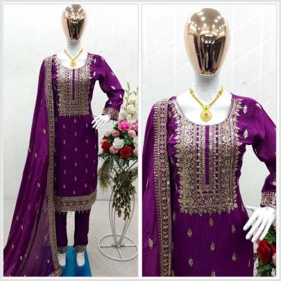 Fancy Pure Silk Dark Pink Kurti Pant Set