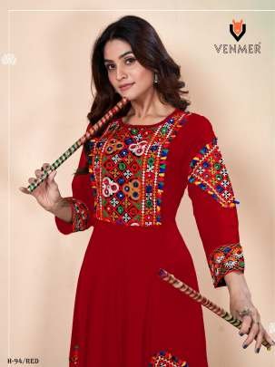 Fancy Rayon Anarkali Red Kurtis with Gamthi Work