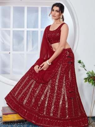 Fancy Red Pure Georgette Lehenga Choli With Sequins Work