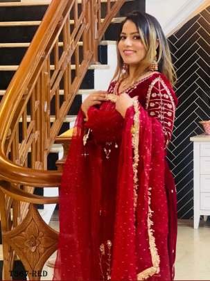 Fancy Red Viscouse Velvet Suit Set With Embraidery Work