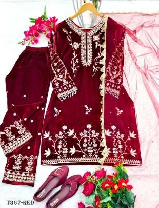 Fancy Red Viscouse Velvet Suit Set With Embraidery Work