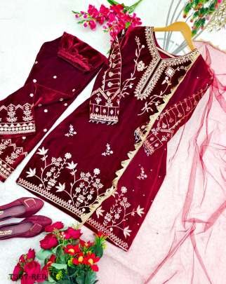 Fancy Red Viscouse Velvet Suit Set With Embraidery Work