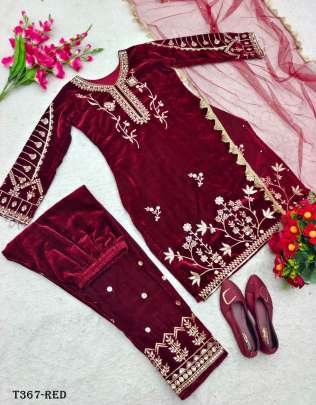 Fancy Red Viscouse Velvet Suit Set With Embraidery Work