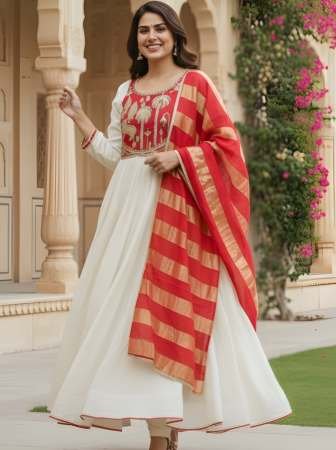 Fancy Silk Fabric Red Colour Kurti 3 Pcs Set