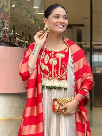 Fancy Silk Fabric Red Colour Kurti 3 Pcs Set