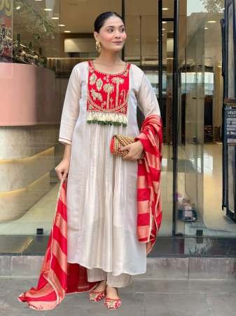 Fancy Silk Fabric Red Colour Kurti 3 Pcs Set