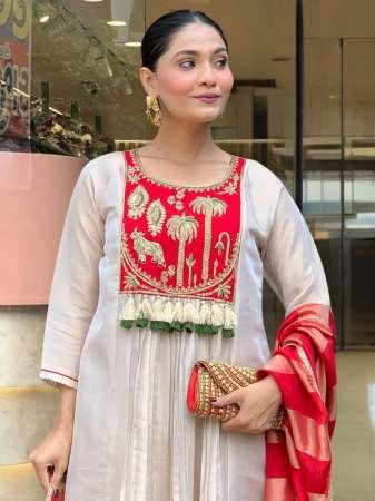 Fancy Silk Fabric Red Colour Kurti 3 Pcs Set