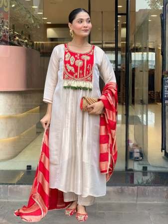 Fancy Silk Fabric Red Colour Kurti 3 Pcs Set