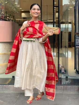 Fancy Silk Fabric Red Colour Kurti 3 Pcs Set