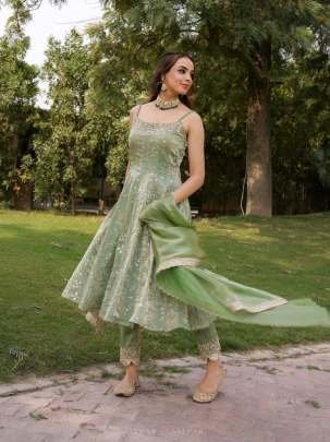 Fancy Silk Green Embroidery Sequence Work Sleeveless Anarkali Suit