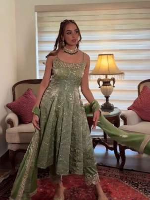 Fancy Silk Green Embroidery Sequence Work Sleeveless Anarkali Suit