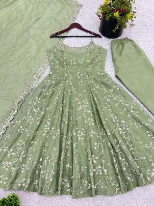 Fancy Silk Green Embroidery Sequence Work Sleeveless Anarkali Suit