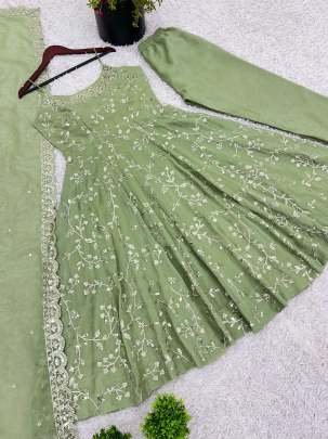 Fancy Silk Green Embroidery Sequence Work Sleeveless Anarkali Suit