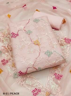  Fancy Peach Color Organza Silk Embroidery Unstitched Dress  