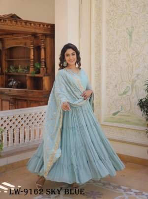 Fancy Faux Georgette Sky Blue Gown With Dupatta