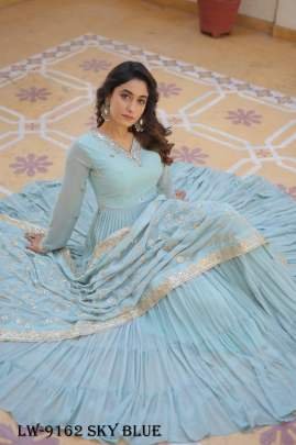 Fancy Faux Georgette Sky Blue Gown With Dupatta