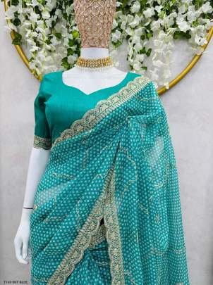 Fancy Sky Blue Tibby Silk Saree With Digital Print