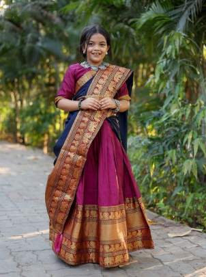Fancy Soft Narayan Pet Cotton with Zari Weaving Pink South Indian  Kids Lehenga 