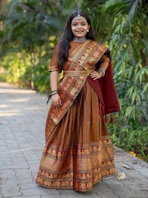 Fancy Soft Narayan Pet Cotton with Zari Weaving Brown South Indian  Kids Lehenga
