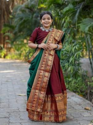 Fancy Soft Narayan Pet Cotton with Zari Weaving Maroon South Indian  Kids Lehenga 