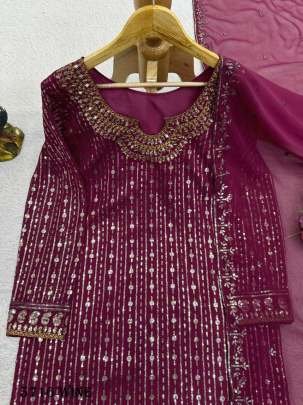 Fancy Wine Georgette Kurti Pant Set With Dupatta