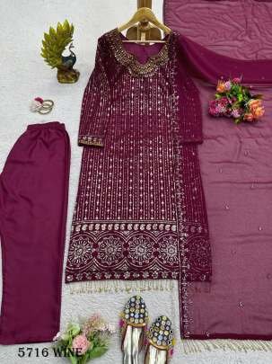 Fancy Wine Georgette Kurti Pant Set With Dupatta
