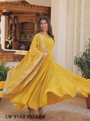Fancy Faux Georgette Yellow Gown With Dupatta