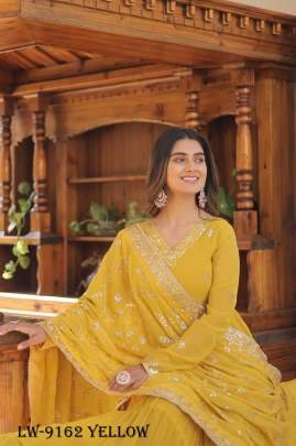 Fancy Faux Georgette Yellow Gown With Dupatta