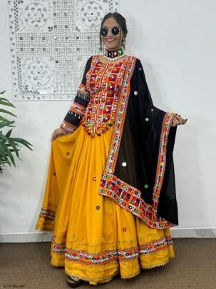 Fancy Yellow Navaratri Embroidered Lehenga Choli With Real Mirror Hand Work