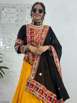 Fancy Yellow Navaratri Embroidered Lehenga Choli With Real Mirror Hand Work