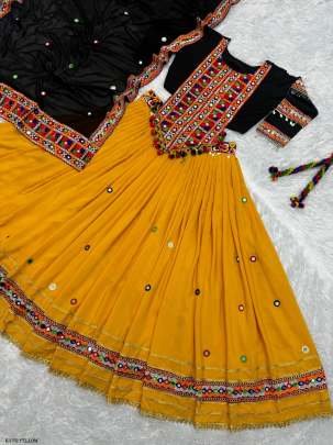 Fancy Yellow Navaratri Embroidered Lehenga Choli With Real Mirror Hand Work